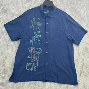 Tommy Bahama Shirt Mens Large "Happy New Year" 2020 Blue Hawaiian Button Up Camp